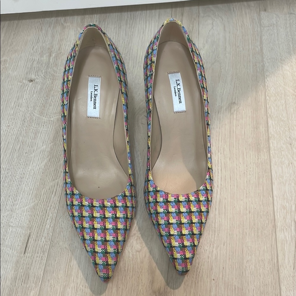 LK Bennett Pink and Blue Heels with Geometric Pattern